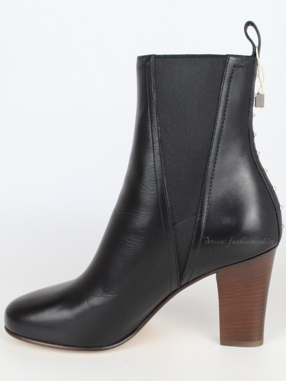 NEW VALENTINO Rockstud Leather Heeled Almond Toe Ankle Boots, Black, EUR 40